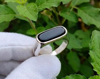 Black Onyx Signet Ring, Sterling Silver Plated, Minimalist Unisex Statement Jewelry