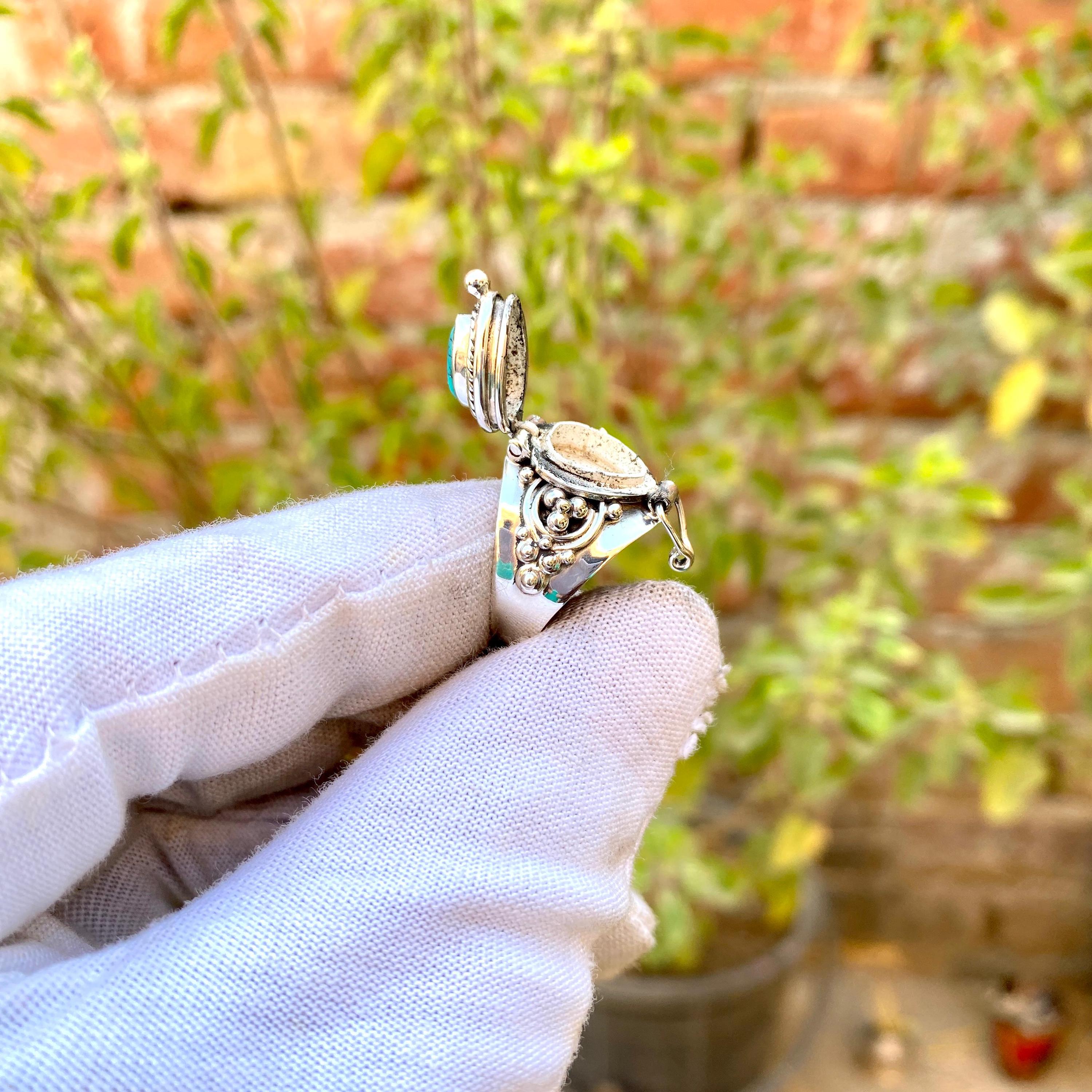 Blue Copper Turquoise Poison Ring, 925 Sterling Silver Plated