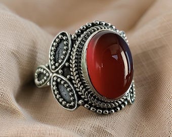 Handmade Sterling Silver Plated Garnet Ring: Floral January Birthstone Jewelry