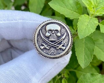 Oxidized Sterling Silver Skull Pirate Ring, Gothic Nautical Biker Jewelry, Special Gift For Him