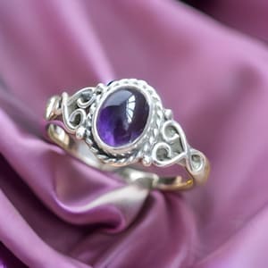 Sterling Silver Tiny Amethyst Ring | Modern Minimalist Design | Dainty Purple Oval Gemstone Jewelry, Gift For Her