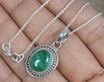 Malachite Pendant: Handmade 925 Sterling Silver Plated Necklace
