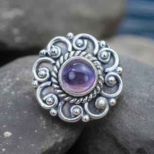 Sterling Silver Amethyst Ring | 925 Minimalist Purple Gemstone Jewelry | Natural Designer Gift for Women