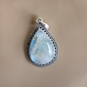 Rainbow Moonstone Pendant, 925 Sterling Silver Long Gemstone Pendant, Perfect Gift for Her, Pear Stone Jewelry