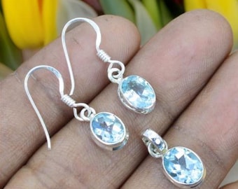 Blue Topaz 925 Sterling Silver Plated Pendant Earring Set