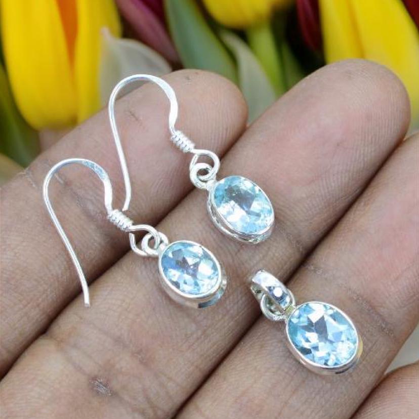 thumbnail image 2 of Handmade Rainbow Blue Topaz & Mystic Topaz Gemstone Silver Plated Pendant Earring Set (2 Pcs) 2 of 5