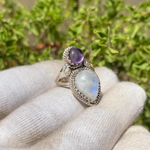 Beautiful Rainbow Moonstone Ring, Amethyst Ring, Multi Gemstone Ring, Daily Wear Handmade 925 Sterling Silver Ring, Perfect Gift for Women