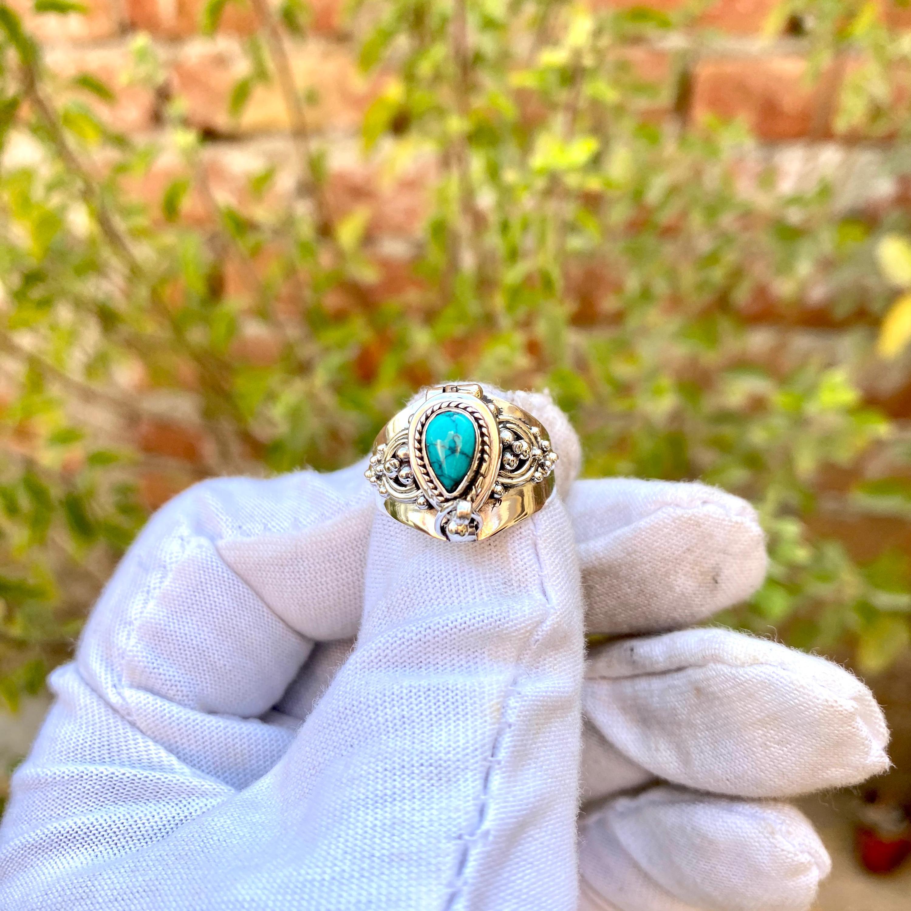 Blue Copper Turquoise Poison Ring, 925 Sterling Silver Plated