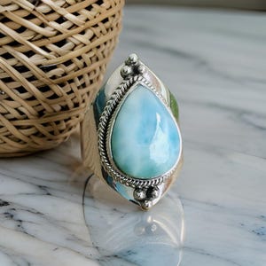 Pear Larimar Sterling Silver Plated Ring: Handmade Birthstone Jewelry