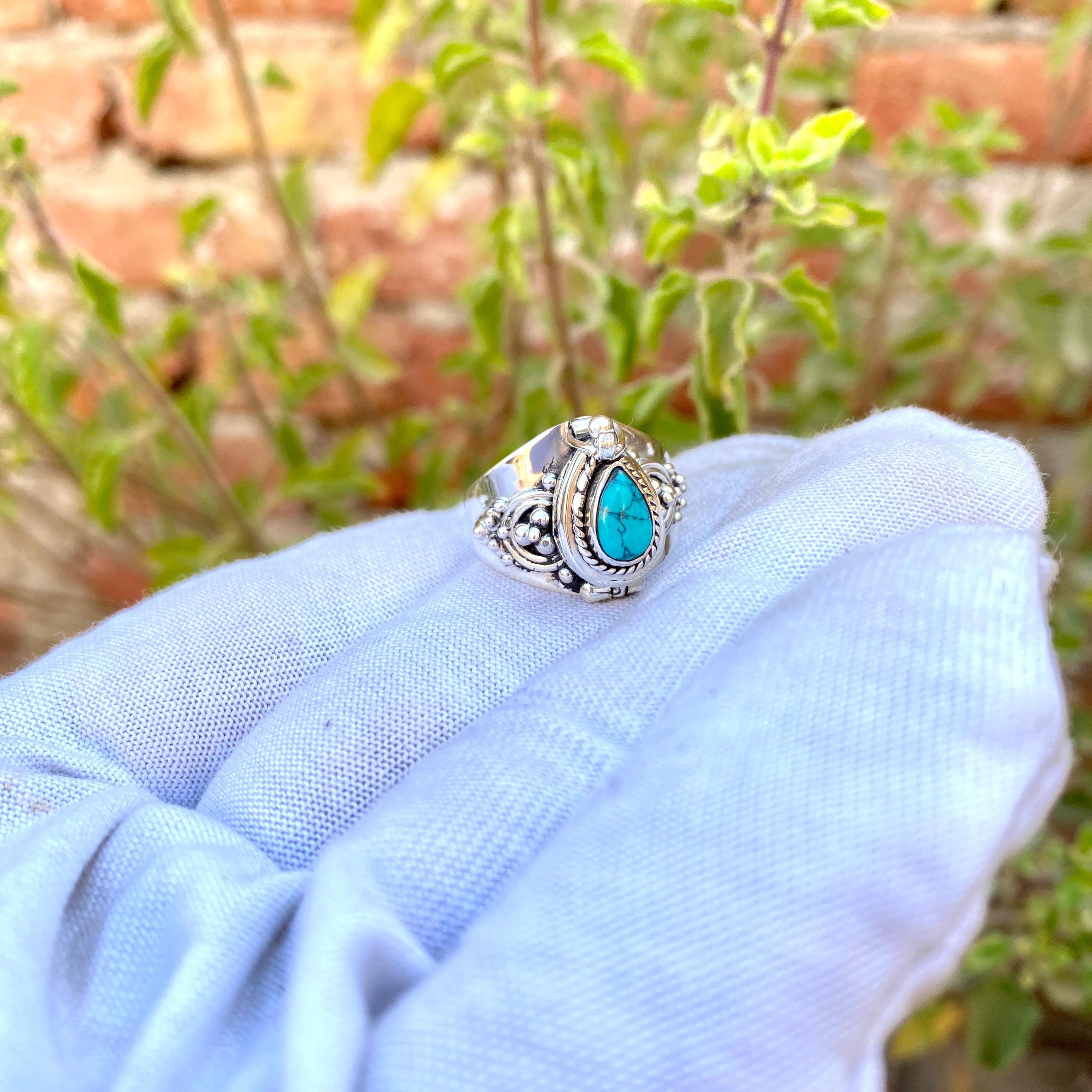 Blue Copper Turquoise Poison Ring, 925 Sterling Silver Plated