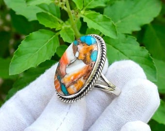 Oyster Turquoise Statement Ring, Sterling Silver Plated Boho Gemstone Jewelry