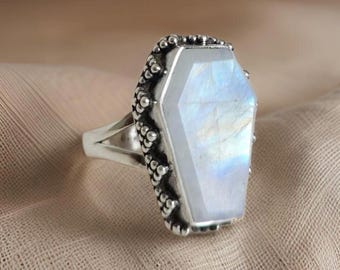 Moonstone Coffin Ring: 925 Sterling Silver Plated Jewellery