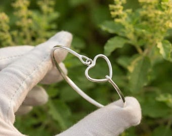 Handmade 925 Silver Plated Open Heart Hook Bangle Bracelet Minimalist Jewelry Gift For Women