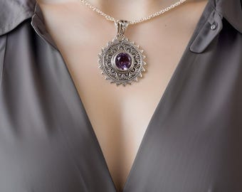 Ametisthängehalsband: 925 sterlingsilverplätering, handgjorda smycken