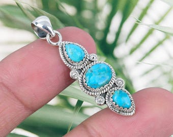 Sterling Silver Plated Turquoise Pendant Necklace: Multi Stone Gemstone Jewelry