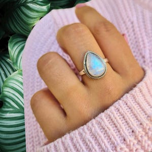 Rainbow Moonstone Ring - Tiny 925 Sterling Silver Gemstone Stacking Ring, Handmade Jewelry Gift for Her