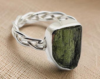 Handmade Rough Moldavite Ring: 925 Sterling Silver Plated Raw Gemstone