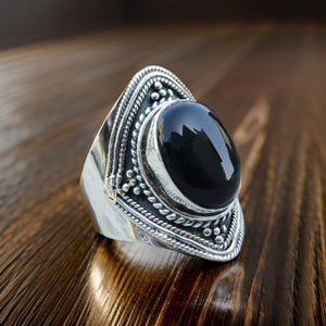 Black Onyx Ring, 925 Sterling Silver Handmade Statement Ring, Natural Black Gemstone Oval Cocktail Jewelry, July Birthstone. Gift for her