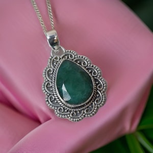 Faceted Zambian Emerald Pendant - 925 Sterling Silver Real Gemstone Jewelry, Handmade Gift for Bridal, Beautiful Faceted Emerald Necklace