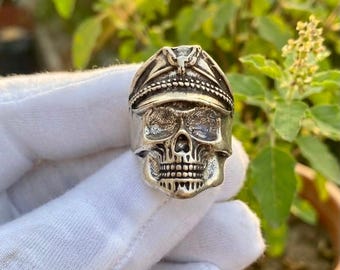 Pirate Captain Skull Ring, Sterling Silver Plated, Gothic Biker Statement Jewelry