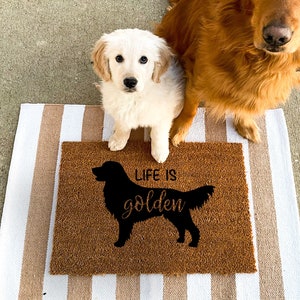 LIFE IS GOLDEN Doormat | Custom Doormat | Spring | Sweet Summer Time  | Golden Retrievers | Hand Painted |Front Porch Decor | Hello Sunshine