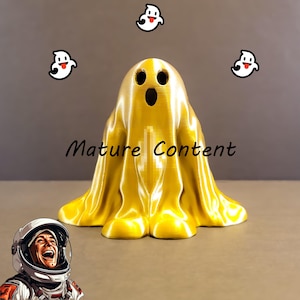May include: A yellow 3D printed ghost figurine with a wide open mouth and two black eyes. The ghost is surrounded by three white ghost emojis.