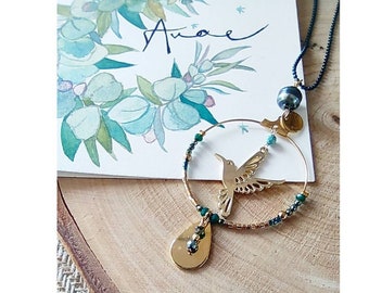 Collier colibri or vert et perle de Tahiti