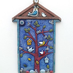 Special Design Turkish Handcraft Tree House Bird Figure Decorative Wall Ornament Large Size Evil Eye