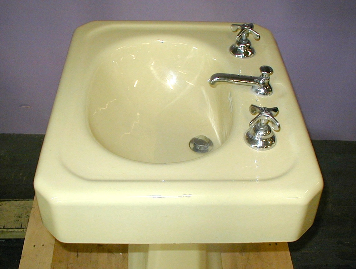Yellow bathroom pedestal sink cast iron original porcelain Etsy