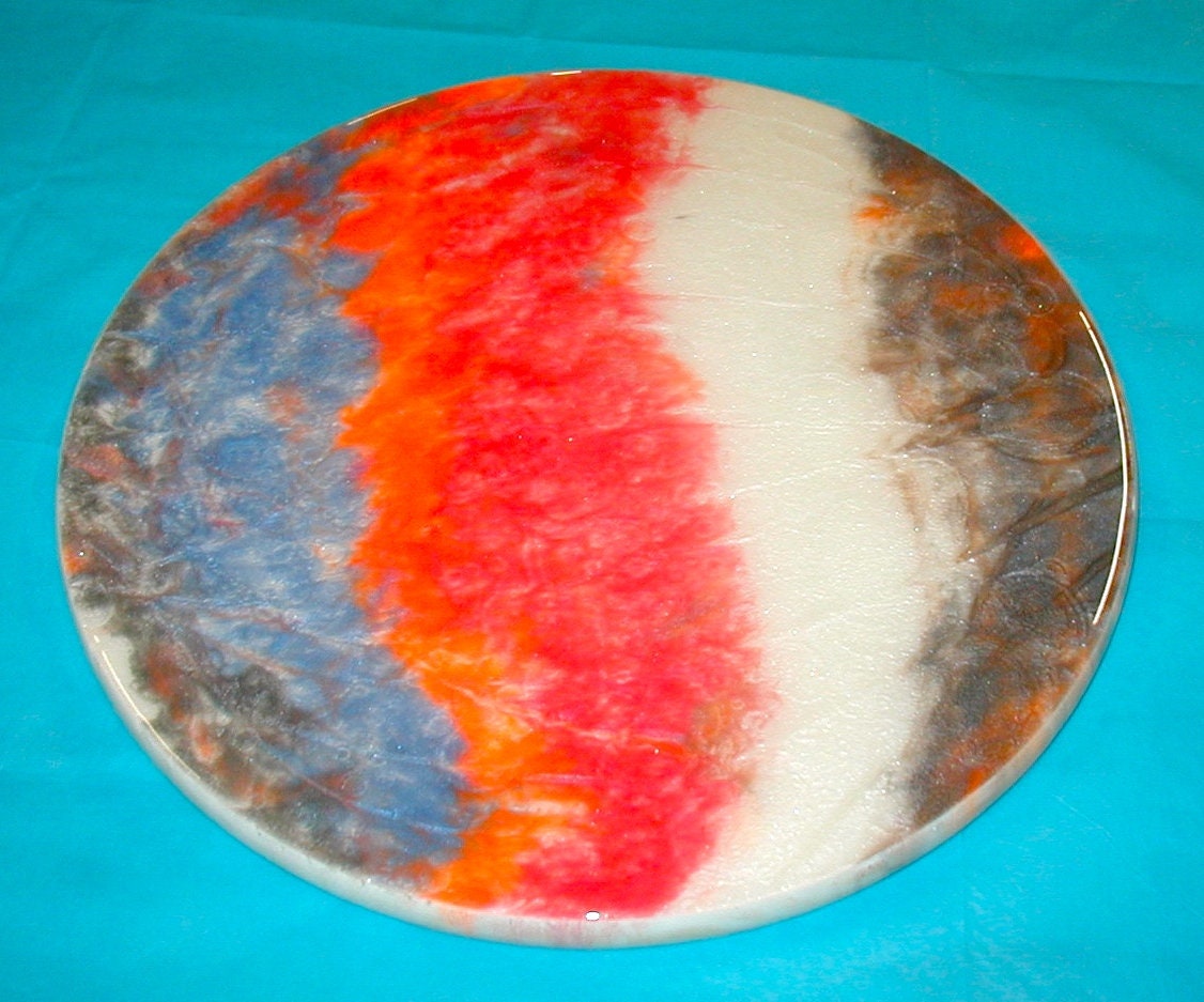 Earth tones blue red white epoxy-coated wood tabletop or hanging wall art, round 18"