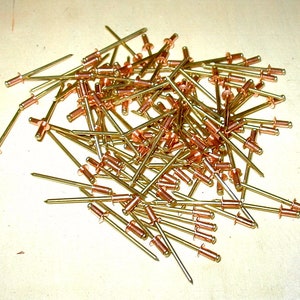 May include: A pile of gold-colored metal rivets with copper-colored heads.