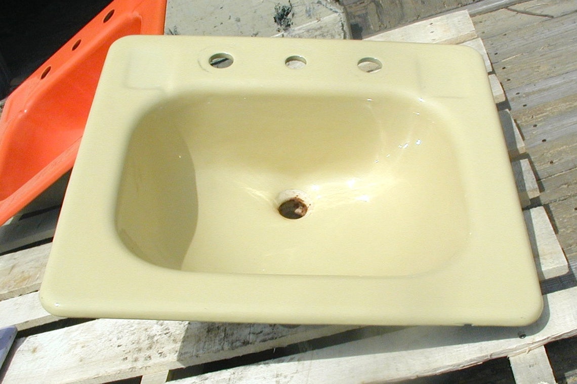 Yellow Bathroom Sink, Cast Iron Dropin Style, Original Porcelain small