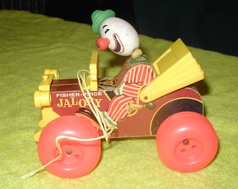 Fisher Price Jalopy with clown vintage kids wood pull toy