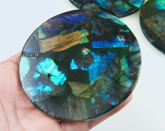 Natural Blue Labradorite Gemstone Round Coaster, Crystal Coaster, Coaster Set Size 4 inch