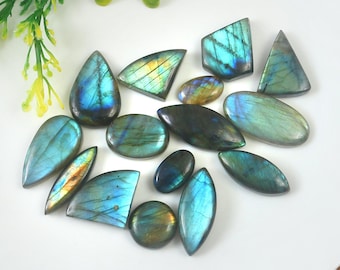 15 Pcs Multi-Fire Labradorite Cabochons: Loose Gemstone Lot (337 Cts, 30X14 15X18mm)