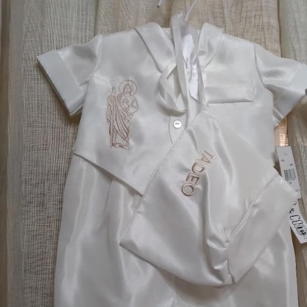 Baptism Rompers for Boys with Bonnet - Custom Embroidered with Saint or Virgin or Name