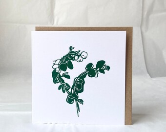 Kerstkaart - Handgedrukt - Groene winterbessen - Botanische Linosnede