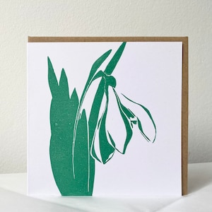 Schneeglöckchen Grußkarte - Handgedruckt - Florale Karte - Linoldruck - Innenseite leer - Grüne Frühlingsblumen