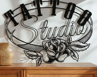 Tattoo Studio Metal Wall Art, Matte Black Laser-Cut Decor, Custom Artist Sign