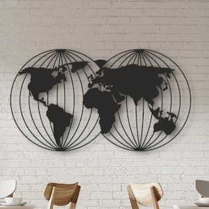 Art mural en métal carte du monde, art mural en métal, décoration de salon, signe art continent, art mural en métal méridiens de la terre, carte des mots décoration d'intérieur