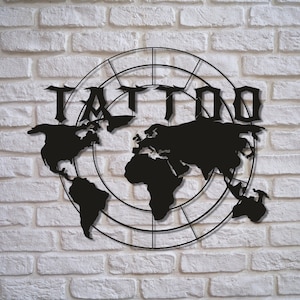 Wereldkaart tattoo metalen muurkunst, tattoo studios teken, gepersonaliseerde tattoo muurkunst, tattoo artiest cadeau, tattoo shop muurkunst, tattoo kunst