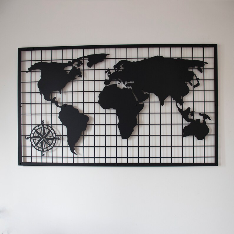 Black Metal World Map Wall Decor, World Map Art, Metal Wall Decor