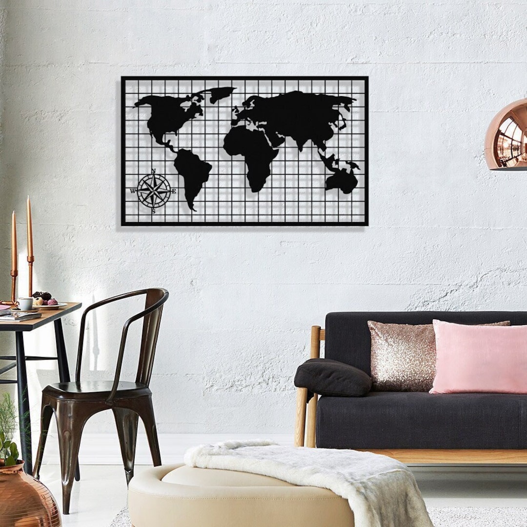 Black Metal World Map Wall Decor, World Map Art, Metal Wall Decor