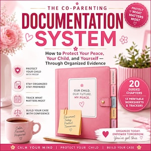 Puede incluir: Una carpeta rosa de sistema de documentación para la coparentalidad con pestañas para comunicación, horarios, médico, finanzas e incidentes. La portada incluye el texto 'OUR CHILD. OUR FUTURE. MY PEACE.' y una nota adhesiva amarilla que dice 'Document Today. Protect Tomorrow.' Una taza rosa a juego con el texto 'Calm. Focused. Prepared.' se encuentra al lado.