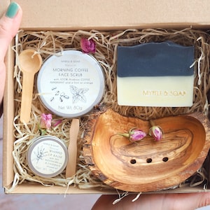 Natural Skincare Set GRATITUDE with Handmade Soap, Coffee & Mint Face Scrub, Calendula Lip Balm, Olive Wood Soap Dish, Mother's Day gift