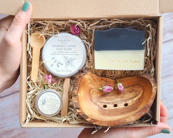 Natural Skincare Set GRATITUDE with Handmade Soap, Coffee & Mint Face Scrub, Calendula Lip Balm, Olive Wood Soap Dish, Mother's Day gift