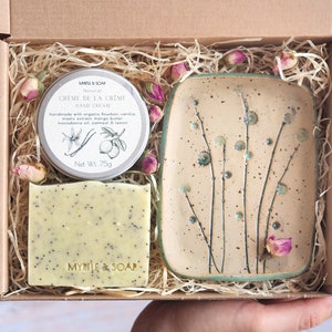 Myrtle MyBox VINTAGE with Vanilla & Lemon Hand Cream, Natural Handmade Soap, Handmade Ceramic Soap Dish