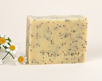 PIECE OF CAKE Natural Soap with Chamomile, Orange, Bergamot, Poppy Seeds, Exfoliating, Scrub Bar, Vegan, Handmade, Natural Hand & Body Wash