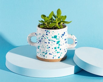 Hand-Finished Stoneware Planter - Vibrant Turquoise & Blue Splatter Design