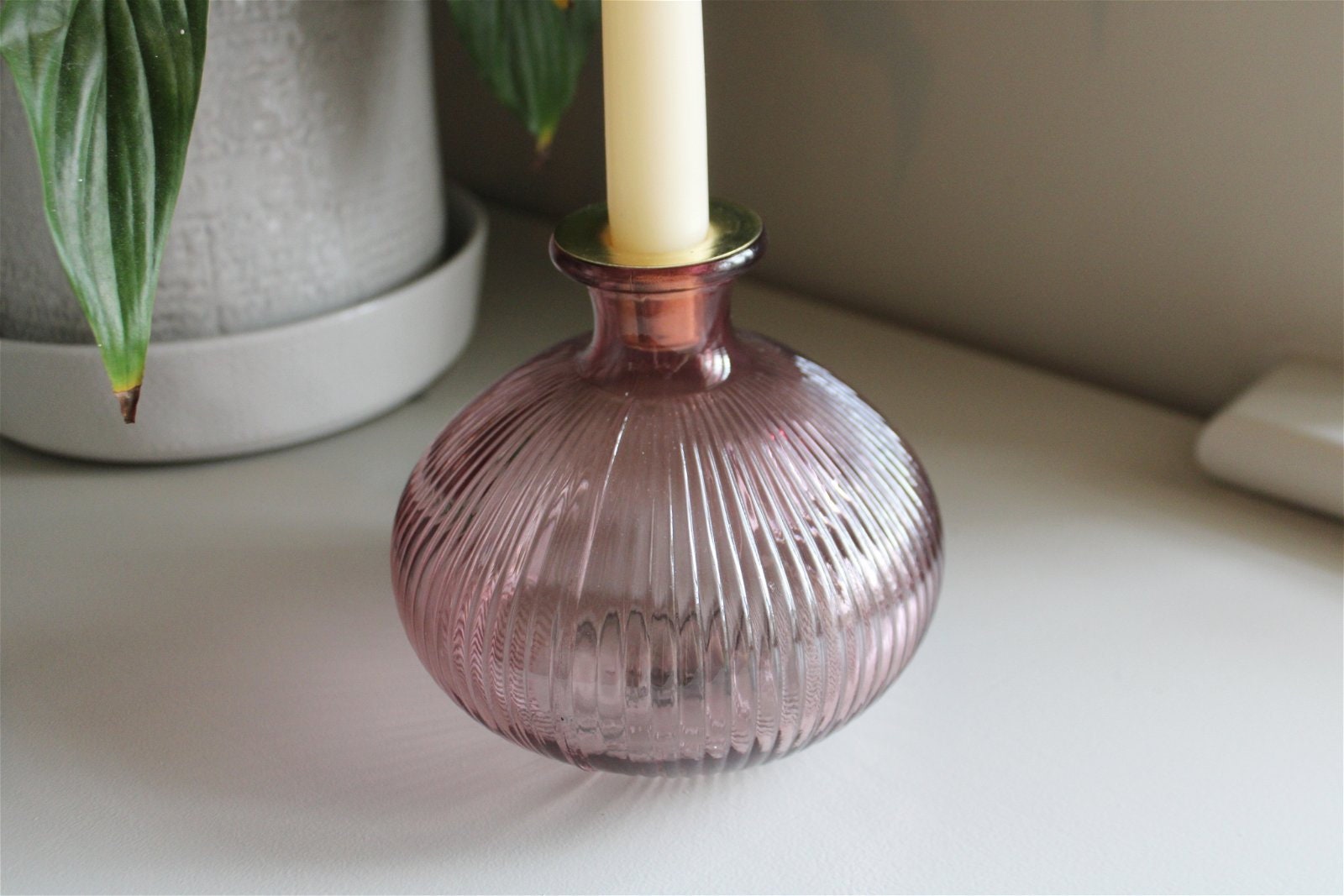 Elegant Pink Ribbed Glass Candle Holder With Antique Gold Rim Onion ...